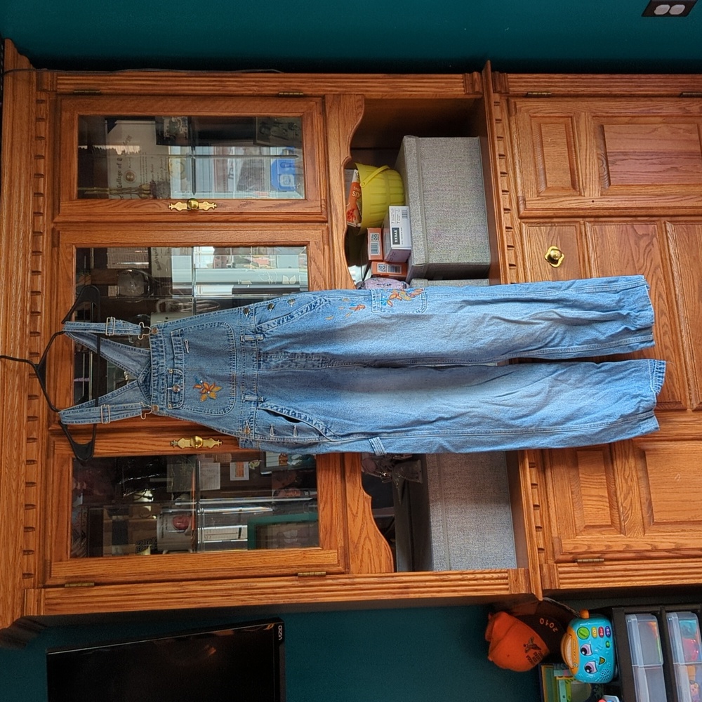 Juniors size medium overalls with hand embroidered flowers